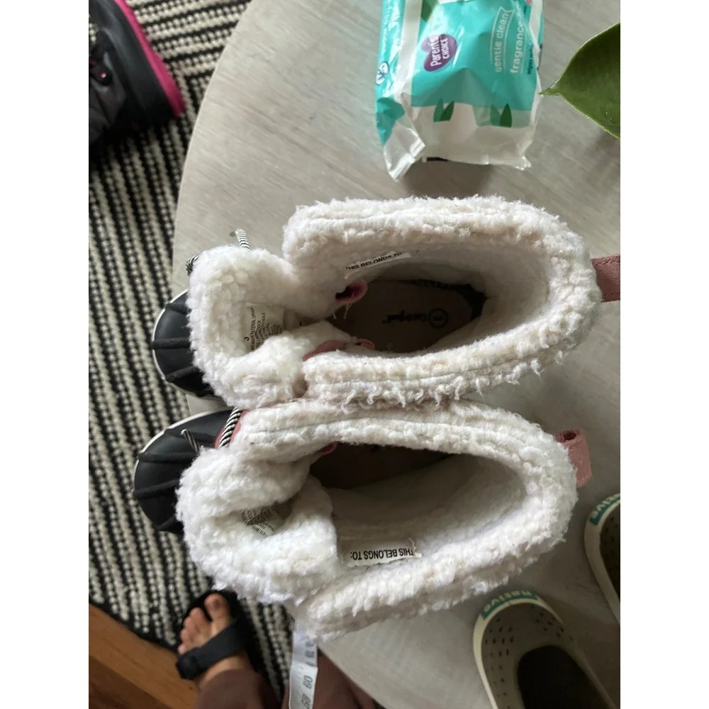 Cat & Jack Girls Pink Black Winter Snow Boots Faux Fur Lined Size 3